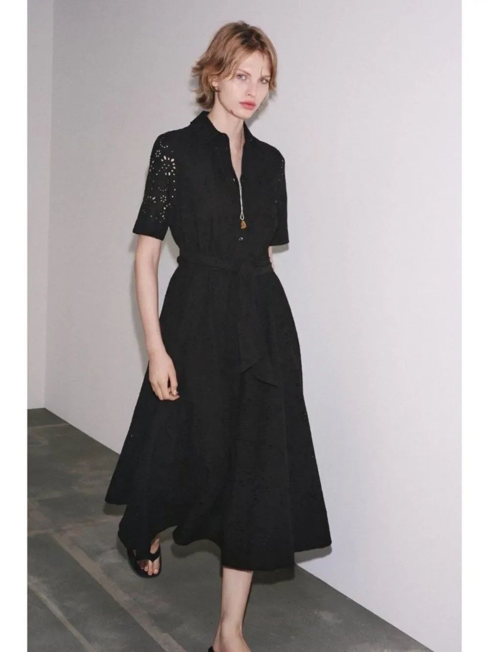 Zara ZW Womens Embroidered Shirt Dress XS Black eyelet belted 8223/087 NWT
